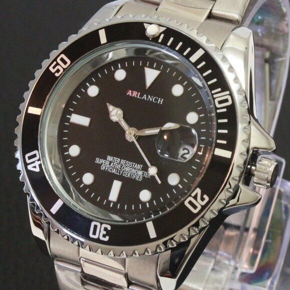 Men's Diver Style Watch Black Uni-directional Bezel Stainless Bracelet 40mm - Picture 10 of 11